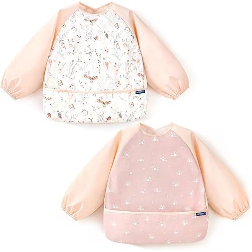 GRSSDER 2 Pack Long Sleeve Baby Feeding Bibs, Super Soft Lightweight Waterproof Coverall Baby Led Weaning Bib with Large Food Catcher Pocket, Adjustable and Easy Clean for 6-30 Months