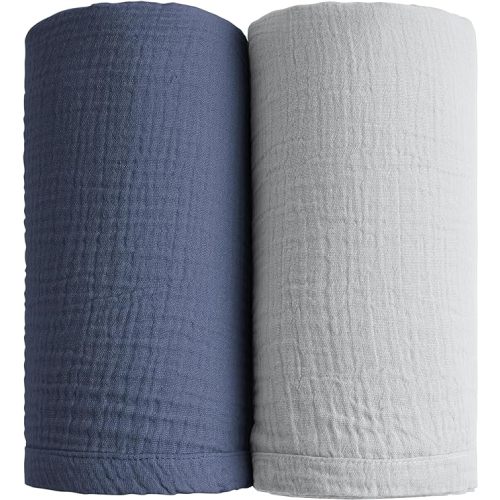 Konssy Muslin Swaddle Blankets for Boys Girls, 2 Pack Receiving Baby Blanket Large 47 x 47 inches, Soft Breathable Swaddling Wrap for Unisex Newborn (Navy, Grey)