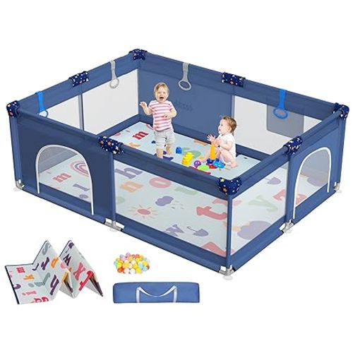 CoziBB Baby Playpen with Mat, 71" × 59" Extra Large Playpen for Toddler, Baby Playard with Breathable Mesh, Fence Play & Sleep Area for Indoor & Outdoor