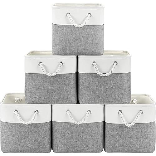 Patvingot 11 Inch Cube Storage Bins, 6 Pack Fabric Storage Cubes with Rope Handles, Organizer Baskets for Closet Shelves, Clothes and Home Organization(White/Gray)