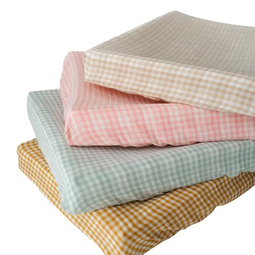 TISU Muslin Changing Pad Cover for Baby Girls Boys, Premium Soft Breathable Cotton in Gingham Pattern, Diaper Change Table Pad Cover (Beige Gingham)