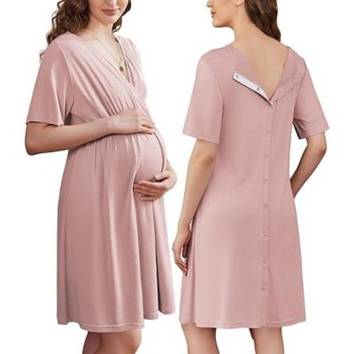 Ekouaer Labor and Delivery Gown for Hospital Short Sleeve Maternity Nursing Dress Nightgown with Button Mauve M