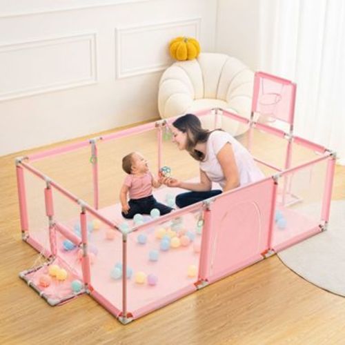GOTGELIF 71"x48" 4-Panel Baby Playpen Portable Playard with Basketball Hoop Pink
