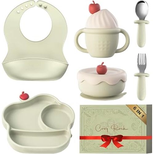 Silicone Baby Feeding Set, 6 Piece Baby Dinnerware COZY ROCK Silicone Baby Feeding Set, Gelato Collection Baby Led Weaning Supplies, First Self-Feeding Set with Silicone Suction Bowl & Plate, Straw