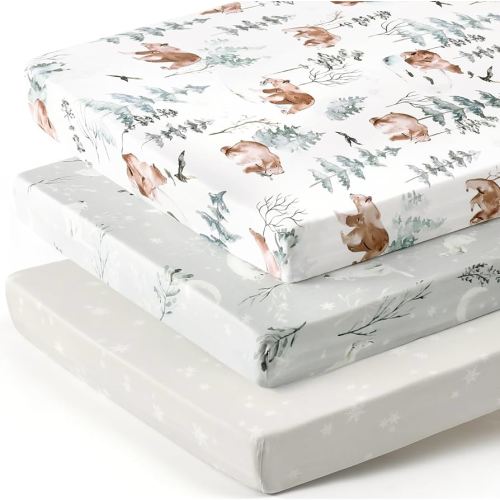 Stretchy Ultra Soft Jersey Knit Fitted Pack n Play Sheets 3 Pack, Portable/Mini Crib Sheets for Boys and Girls, Universal Fit for Pack N Plays Safe and Snug, Stylish Pattern of Bear and Wolf Print