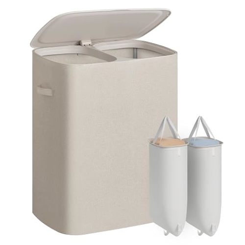 SONGMICS Laundry Basket with Lid, 42.2 Gallons, 2-Compartment Laundry Hamper with Handle, Removable Liner, Easy Assembly, 22 x 15.7 x 27.5 Inches, Cappuccino Beige ULCB822L101