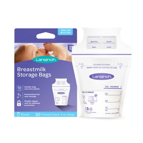 Lansinoh Breastmilk Storage Bags, 50 Count, 4 Ounce, Easy to Use Milk Storage Bags for Breastfeeding, Presterilized, Hygienically Doubled-Sealed, for Refrigeration and Freezing
