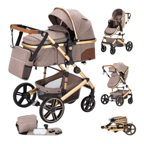 2 in 1 Baby Stroller, Convertible Pram, Height-Adjustable Handle | Foldable & Reversible Stroller, PU-Wheel, High Landscape Pram for Newborn to Toddler 0-36 Months, 18KG, Khaki