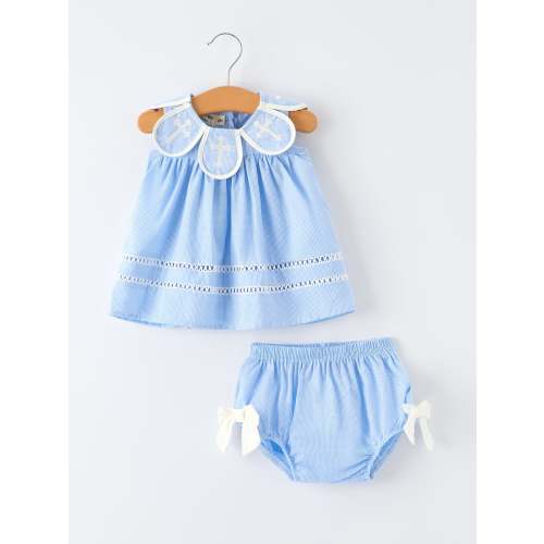 Blue Petal Peter Pan Collar Christening Baby Girls Bloomer Set – Rylee Faith Designs