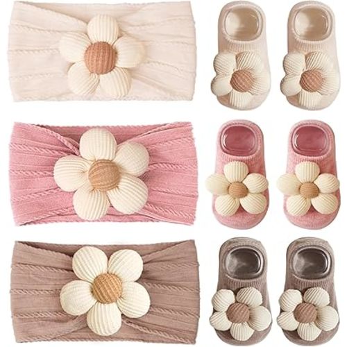 JOYOYO Baby Flower Headband and Socks, Cute Baby Girl Headbands and Soft Socks Sets for Toddler Newborn Infant Girl (Beige Pink Khaki)