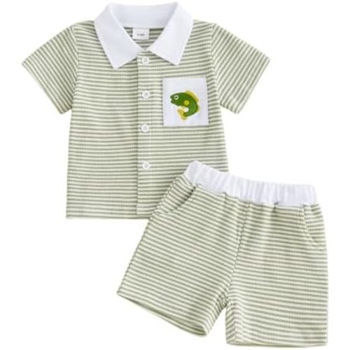 fhutpw Baby Toddler Boy Clothes Striped Button Down Shirt Tops + Elastic Waist Shorts Infant Boys Summer Outfits 2PCS Sets
