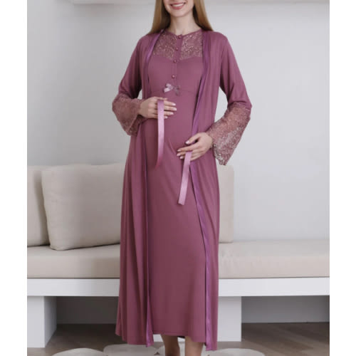 Lace Collar Maternity-Nursing Nightgown & Lace Sleeve Robe Set Cherry - 2296