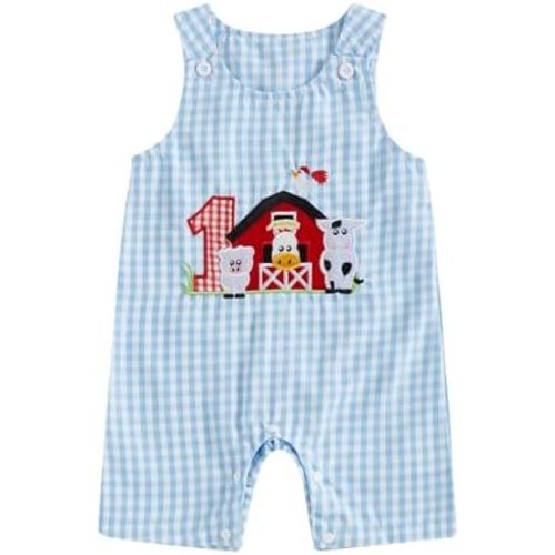 Baby Boy Summer Clothes Sleeveless Embroidery Dinosaur Gingham Retro Romper Jumpsuit Smocked Shortall