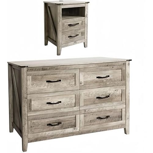 Farmhouse Dresser and Nightstand Sets, Rustic Wooden Bedroom Set, 2PCS Dresser Set Including 6 Drawer Dresser & Nightstand with Charging Station. Light Rustic Oak