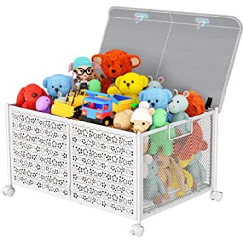 PHINOX Toy Box Storage, Toy Chest Toy Organizers and Storage Bins, Large Toy Box for Boys Girls, 70L Toy Storage Organizer with Wheels, Collapsible Metal Kids Toy Storage for Nursery, Playroom(White)