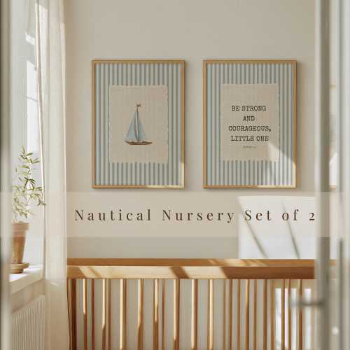 Sailboat and Scripture Nursery Set of 2 | Joshua 1:9 Be Strong and Courageous | Coastal Boy Nursery Art | Blue Stripe Gallery Wall Set