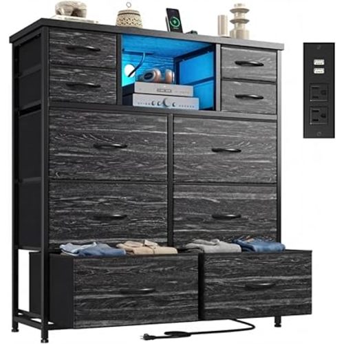 DurayLoly Dresser for Bedroom with 10 Fabric Drawers, Organizer Unit with LED Light & Charging Station, Sturdy Chest of Drawers with 2 Open Wooden Shelves for Hallway, Living Room, Dormitory (Black)