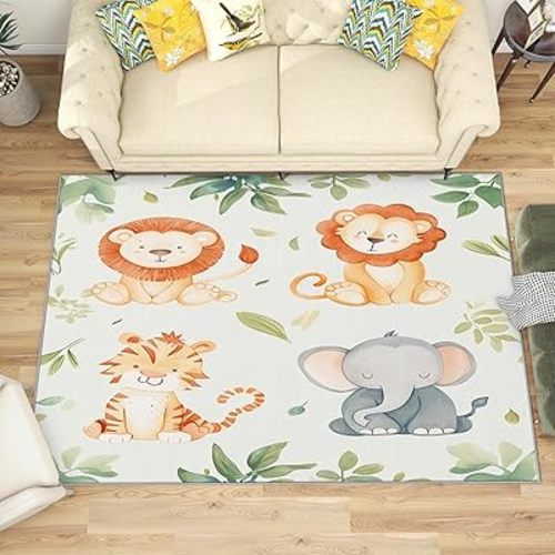 Safari Rugs for Baby Nursery - 2x3 Rug - Safari Rug - Cute Cartoon Animal Area Rug - Kids Nursery Baby Rugs - Kawaii Carpet - Soft Washable Non Slip Low Pile Home Decor