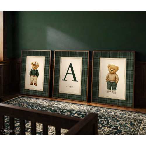 Preppy Teddy Bear Nursery Wall Art Set of 3, Personalized Bear Prints for Baby Room, Classic Green Nursery Decor, Custom Name Initial Art