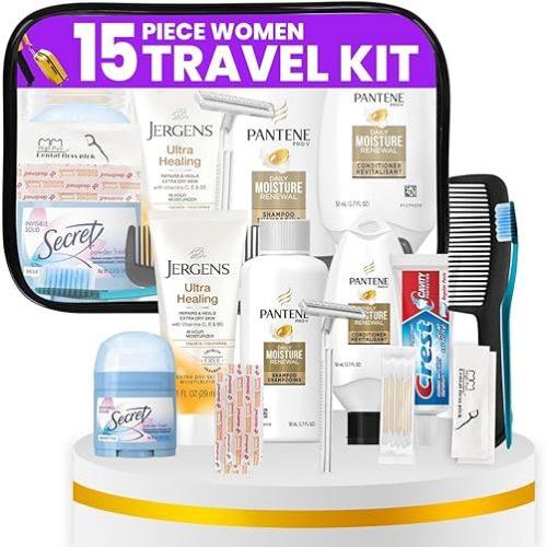 Trektote Travel Toiletry Kit For Women – 15 Piece Set of Premium Travel Size Toiletries, TSA Compliant Travel Essentials, Includes Shampoo And Conditioner, Body Wash, Toiletry Bag & More