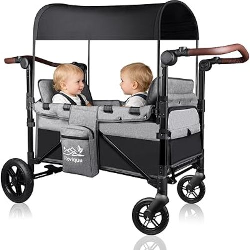 Wagon Stroller for 2 Kids, All-Terrain Stroller Wagon with Extra Long Extender, Aluminum Foldable Baby Wagon with Convertible Seats, Removable Canopy, Snack Tray, Adjustable Push/Pull Handle