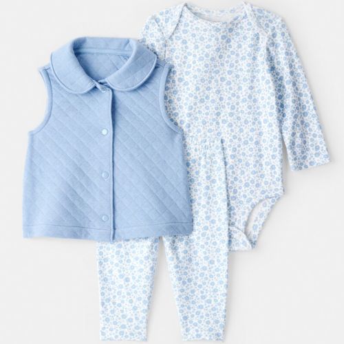Baby Girl 3-Piece Floral Vest Outfit Set - Blue | Carter’s Oshkosh Canada