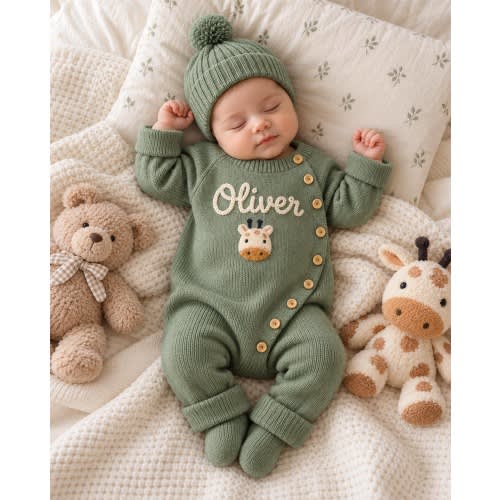 Baby Personalized Knit Romper Set, Custom Name Button Jumpsuit with Matching Hat and Animal Icon, Newborn Coming Home Baby Shower Gift