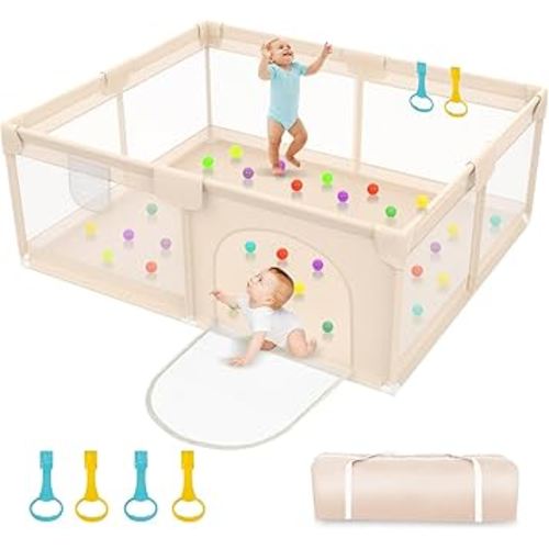 Playpen for Babies and Toddlers 79x71inch - Extra Large Baby Gate Play Pen with Soft Breathable Mesh Cover - Indoor and Outdoor Baby Playard - Portable Playpen for Babies (Apricot)