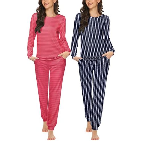 Ekouaer 2 Pack Women's Pajama Set Long Sleeve Top With Jogger Pants Lounge Sets Sleepwear Loungewear with Pockets