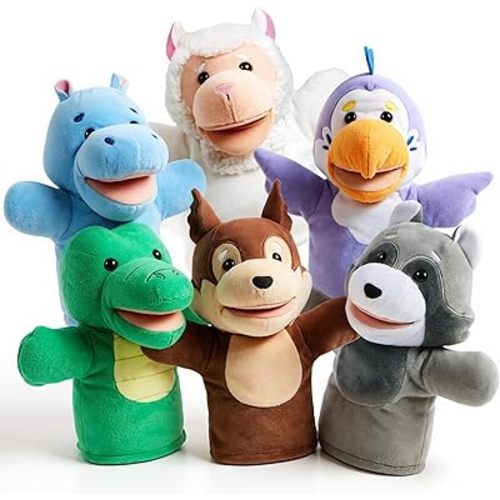 JOYIN 6Pcs Kids Hand Puppet Set with Working Mouth, Plush Toy Includes Bird, Crocodile, Hippo, Sheep, Raccoon and Squirrel for Show Theater, Stuffed Animals, Toys for Girls & Boys