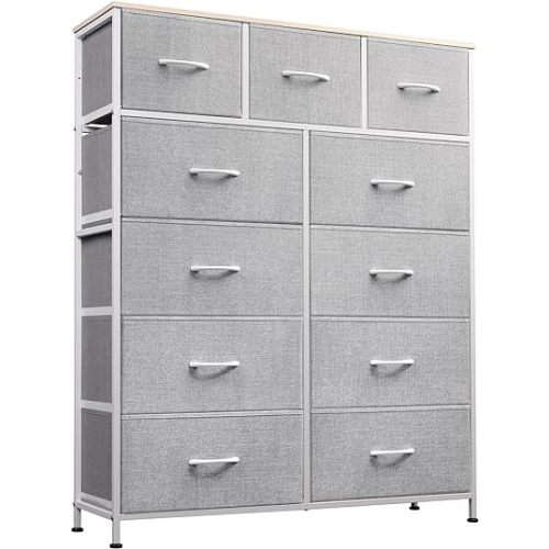WLIVE Storage Organizer Unit with 11 Fabric Bins, Storage Drawers Organizer with Steel Frame, Tall Storage Tower Organizaton for Living Room, Hallway, Office, Light Grey