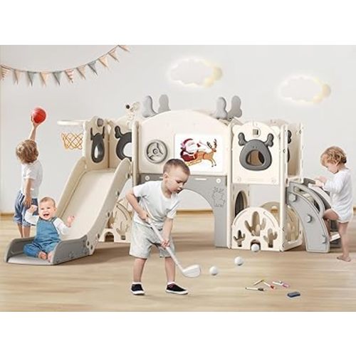 Toddler Slide, 11 in 1 Toddlers Playset New Upgrade with Kids Slide, Drawing Board, Golf Set, Basketball Hoop and Storage Space for Toddler Age 1-3, Backyard Playground Indoor and Outdoor