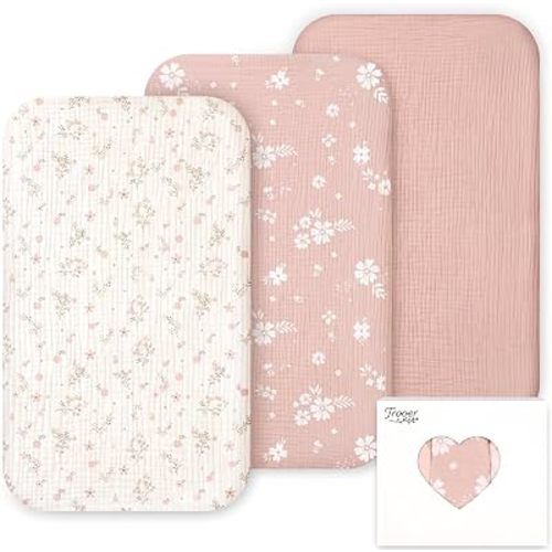 3 Pack Muslin Bassinet Sheets for Bedside Sleeper, 33" x 21", Pink Floral