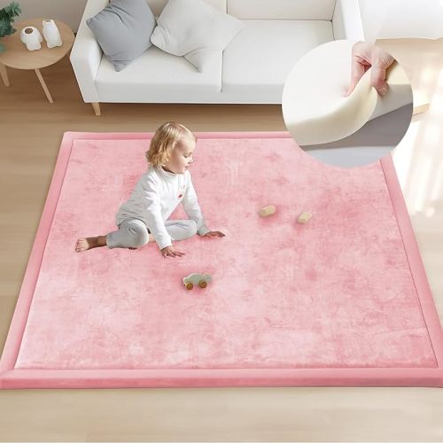 ACOMOPACK Baby Play Mat for Floor 1.3" Thick Memory Foam 50x50 Soft Velvet Playpen Mat for Kids,Infants,Toddlers,Tummy Time Crawling Mats with Non-Slip Bottom,Yoga,Tatami,Nursery Rug(Pink)