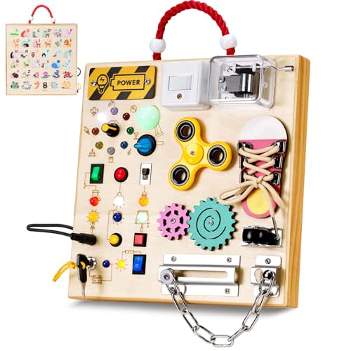 Montessori Wooden Busy Board Toys for 1 2 3 Boys Girls,Toddler Sensory Educational Fidget Board Travel Toy with LED Light Up Switches & Music Boxes, Locks for Kids Gifts