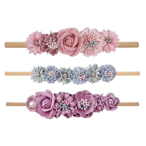 Baby Girls Floral Headbands Set-Flower Crown Elastic Hairband for Newborn Toddler Hair Accessories (Pack of 3)
