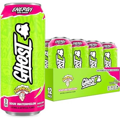 GHOST Energy Drink - 12-Pack, Warheads Sour Watermelon, 16oz - Energy & Focus & No Artificial Colors - 200mg of Natural Caffeine, L-Carnitine & Taurine - Gluten-Free & Vegan