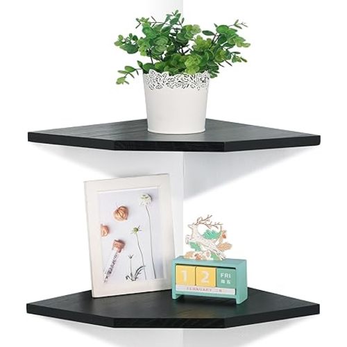 Corner Wall Shelves Set of 2, Rustic Wood Corner Floating Shelves with Cable Raceway, Wall Mount Storage Display for TV Accessories, Baby Monitor, Speaker, Cable Box (Black, Diamond- 10 Inch)