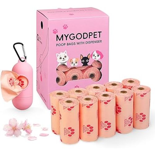 Dog Poop Bags Rolls with Dispenser 150 Count Biodegradable Poop Bags for Dog and Cat Cherry Blossom Scented Waste Bag Leak Proof Doggie Poop Bag Doggy Trash Bag Pink