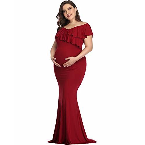 YnimioAOX Maternity Long Dress Ruffles Elegant Maxi Photography Dress Stretchy Slim Gowns for Photoshoot