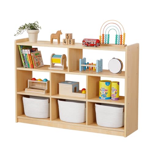 OOOK Montessori Toy Shelf and Storage, 31.5" H, 3-Tier Toy Storage Organizer with 8 Cubby, Montessori Shelves for Playroom, Nursery, Daycare, Preschool, Classroom Furniture