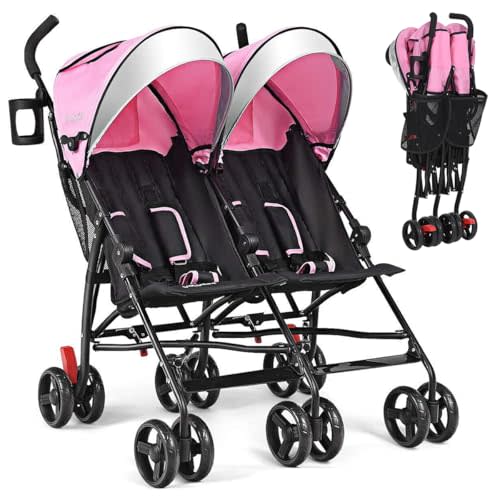 BABY JOY Double Umbrella Stroller, Lightweight Travel Side by Side Twin Stroller with Large Storage, Cup Holder, 5-Point Safety Harness, Adjustable Canopy & Compact Fold for Infant and Toddler (Pink)