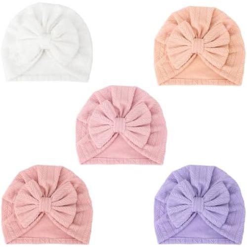 DRESHOW BQUBO 5 Pieces Newborn Baby Turban Hats Bow Baby Infant Beanie Breathable Toddler Cap for Baby Girls