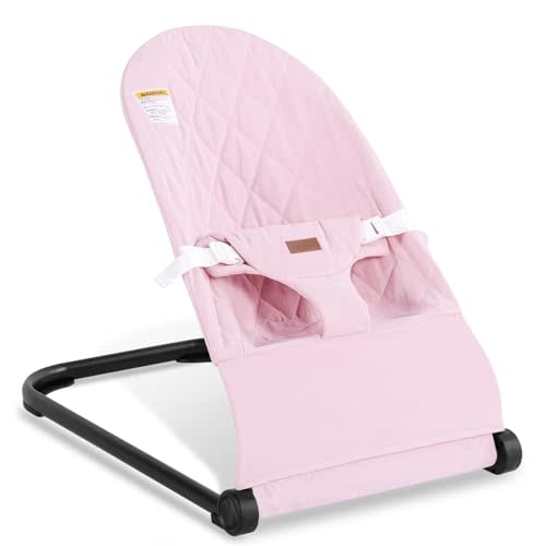 Baby Bouncer,Baby Bouncer Seat,Portable Infant Bouncer with 3-Point Safety Harness,Ergonomic Bouncy seat, Newborn Bouncer for Babies 0-6 Months up to 20lbs (Pink)