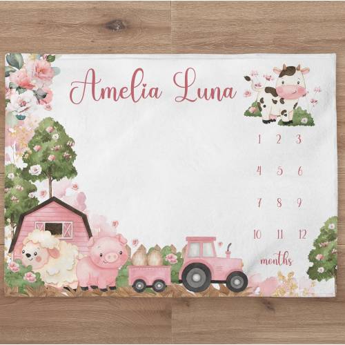 Farm Milestone Blanket Cow Personalized Baby Girl Month Blanket Tractor Nursery Age Growth Newborn Calendar Tracker New Mom Baby Shower Gift