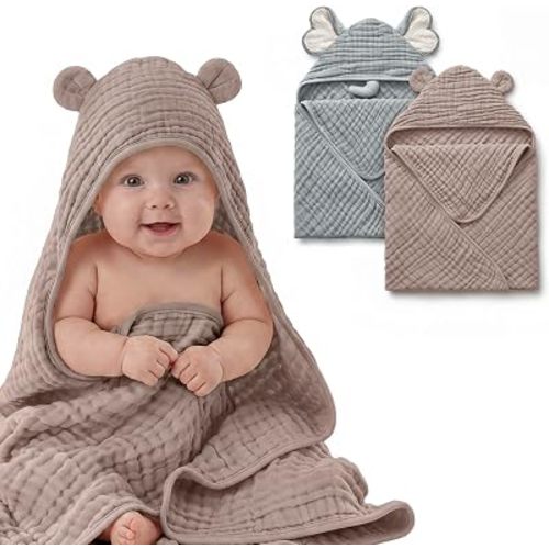 Blissful Diary Muslin Baby Hooded Towel 2 Pack, Soft & Absorbent Bath Towel for Infant, Toddler, Unisex, Baby Gift, Newborn Essentials, Gray Elephant & Sandy Bear