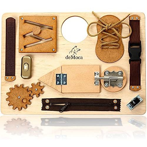 deMoca Montessori Busy Board for Toddlers - Wooden Sensory Toys - Toddler Preschool Learning Activities for Fine Motor Skills Travel Toy Educational Learning Toys for 3 Years Old