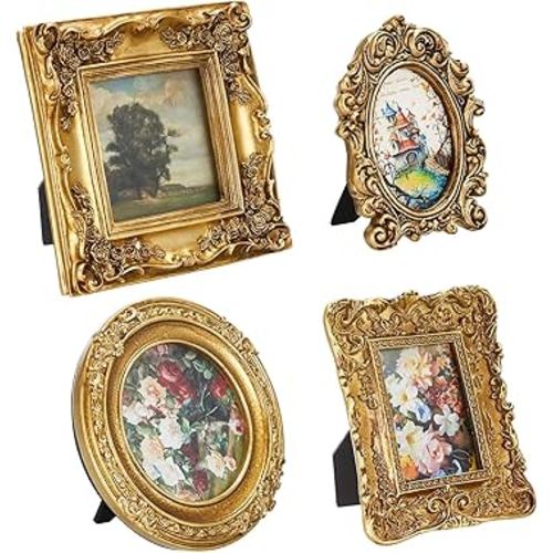 Qunclay 4 Pcs Small Vintage Picture Frame Round Rectangle Gold Ornate Antique Picture Frames for Tabletop Display Wall Hanging Home Decor(5.7" X 4.7",5.7" X 5.7",3.9" X 4.7",6.7" X 6.7")