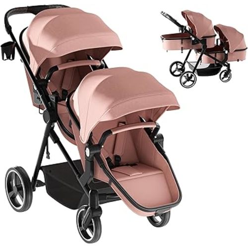 MU Double Stroller, Foldable Twin Tandem Stroller with Adjustable Backrest, Reversible Seat, 5-Point Harness, Storage Basket, Convertible Baby Bassinet for Infant and Toddler, Pink