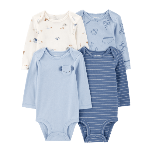 Baby 4-Pack Farm Dog Long-Sleeve Multipack Bodysuits - Blue/Ivory | Carter's